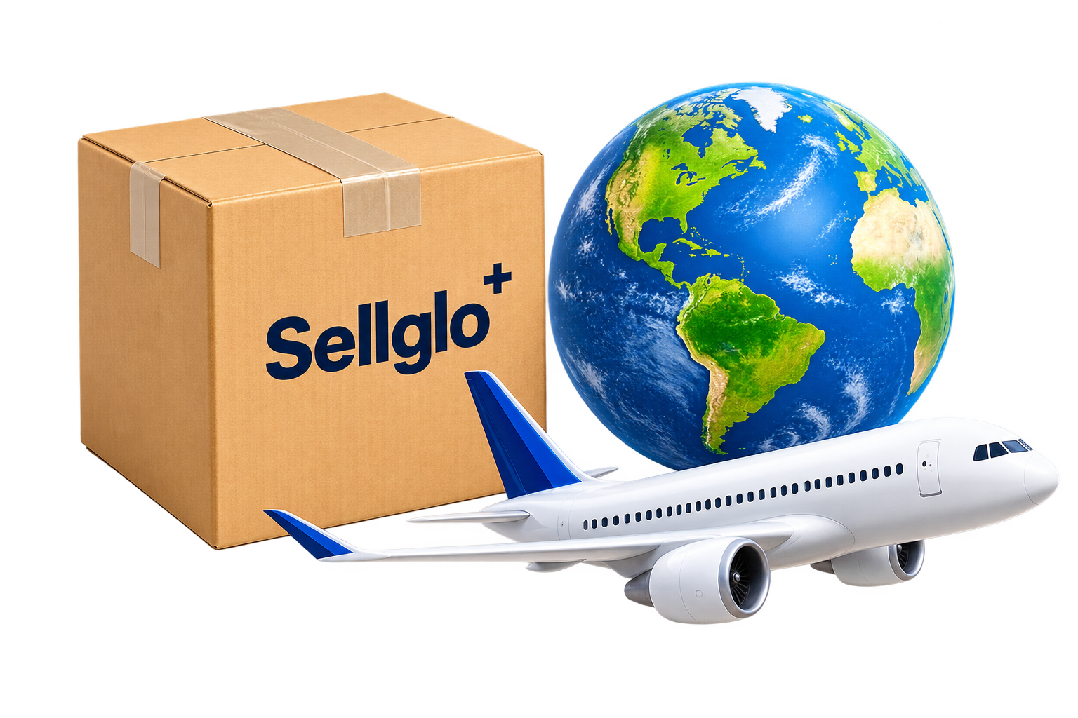 Cardboard shipping box with the Sellglo logo, a globe, and an airplane
